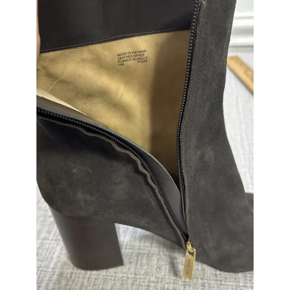 Michael Kors Brown Suede Leather Block Heel Side Zip Ankle Bootie Women's 10